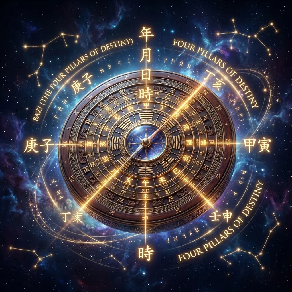 Hyper-realistic mystical representation of the BaZi Four Pillars compass